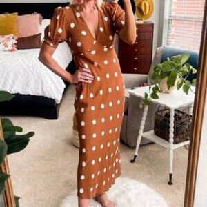 A New Day Crepe Puff Sleeve Polka Dot Midi Dress Medium